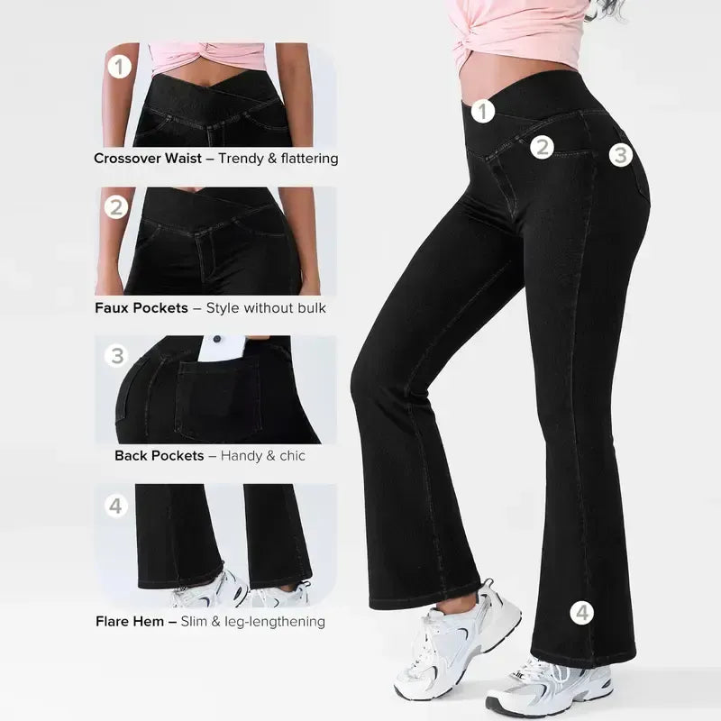 Women's High-Waisted Stretch Jeans with Crossover Design — Slim-Fit Flared Denim Leggings